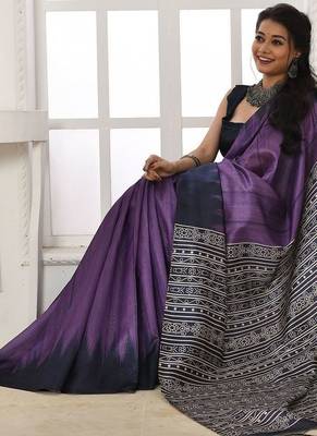 purple silk blend tussar saree with tassels 2
