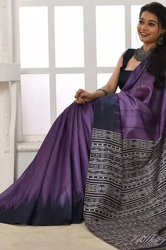 purple silk blend tussar saree with tassels