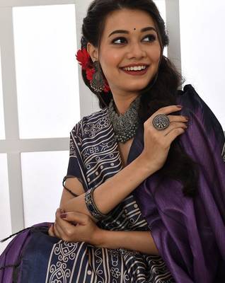 purple silk blend tussar saree with tassels 3