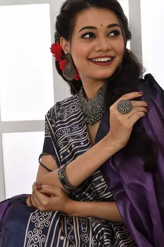 purple silk blend tussar saree with tassels