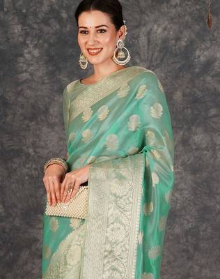green ethnic motifs zari designer banarasi saree 1