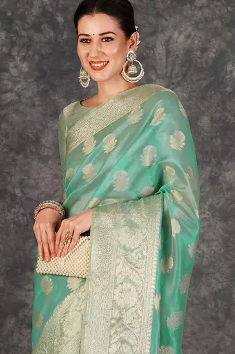 green ethnic motifs zari designer banarasi saree
