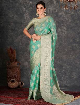 green ethnic motifs zari designer banarasi saree 2
