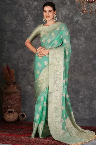green ethnic motifs zari designer banarasi saree