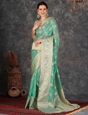 green ethnic motifs zari designer banarasi saree 4