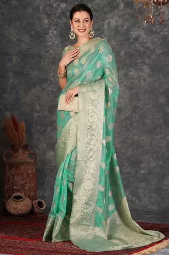 green ethnic motifs zari designer banarasi saree