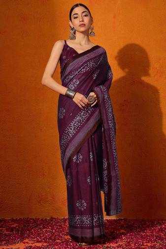 burgundy batik pure cotton bagru saree
