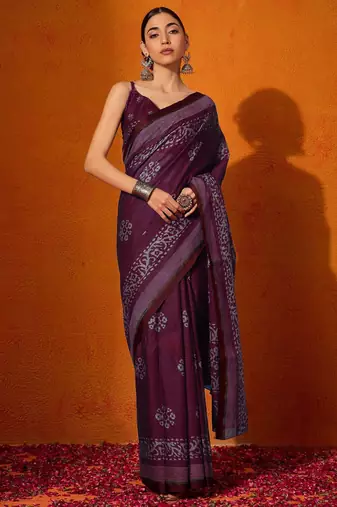 burgundy batik pure cotton bagru saree
