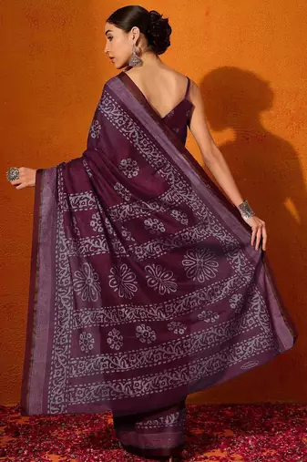 burgundy batik pure cotton bagru saree