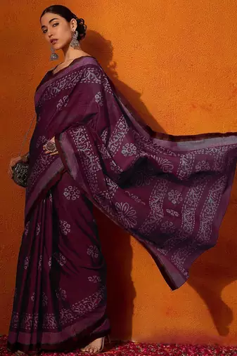 burgundy batik pure cotton bagru saree
