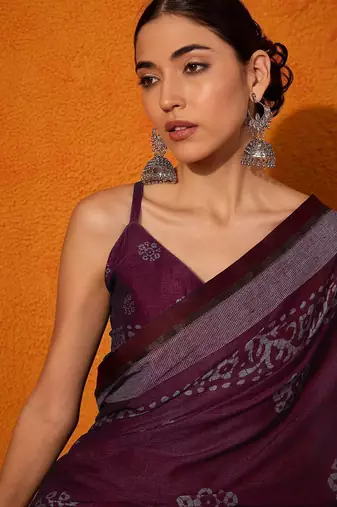 burgundy batik pure cotton bagru saree
