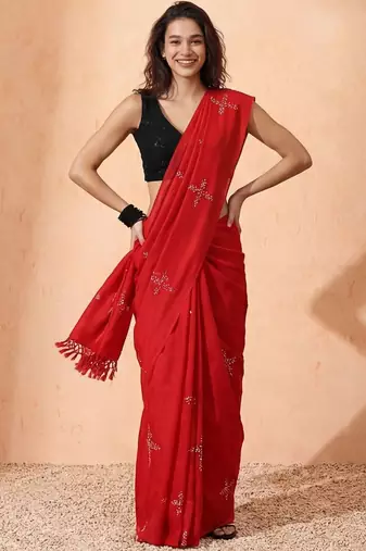 red floral designer saree