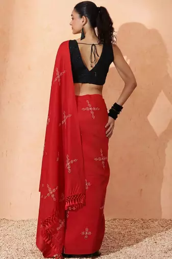 red floral designer saree