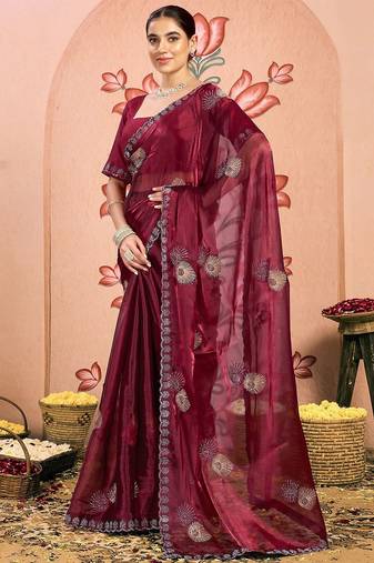 maroon embellished beads and stones pure chiffon saree