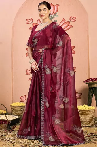 maroon embellished beads and stones pure chiffon saree