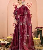 maroon embellished beads and stones pure chiffon saree