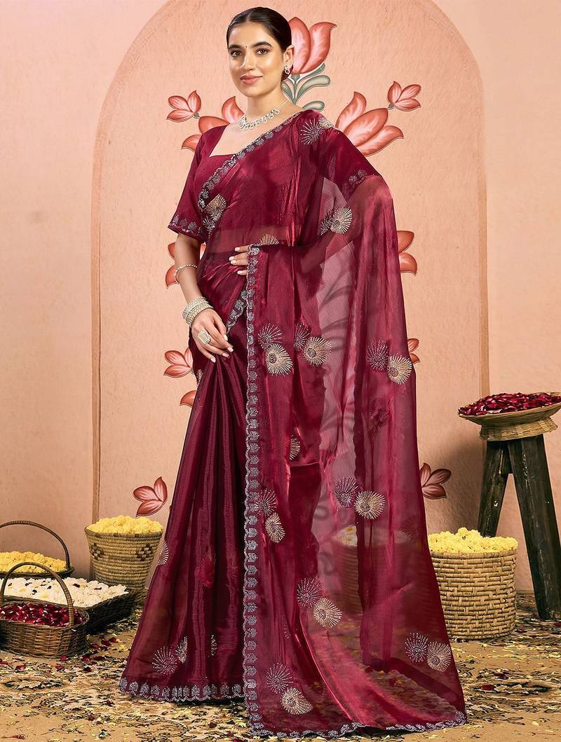 maroon embellished beads and stones pure chiffon saree