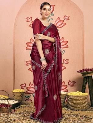 maroon embellished beads and stones pure chiffon saree 2