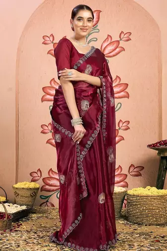 maroon embellished beads and stones pure chiffon saree
