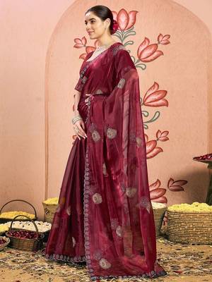 maroon embellished beads and stones pure chiffon saree 3