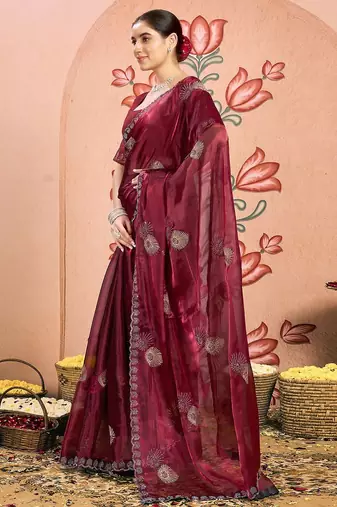 maroon embellished beads and stones pure chiffon saree