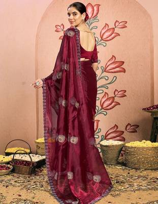 maroon embellished beads and stones pure chiffon saree 4
