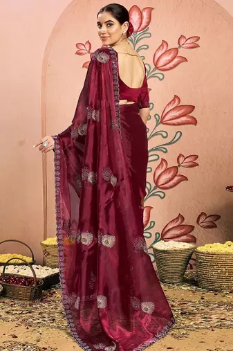 maroon embellished beads and stones pure chiffon saree