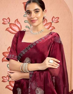 maroon embellished beads and stones pure chiffon saree 5
