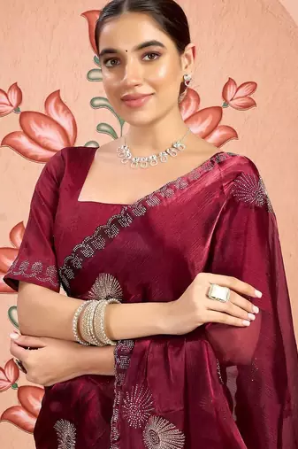 maroon embellished beads and stones pure chiffon saree