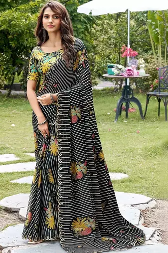 black floral gotta patti poly chiffon designer saree