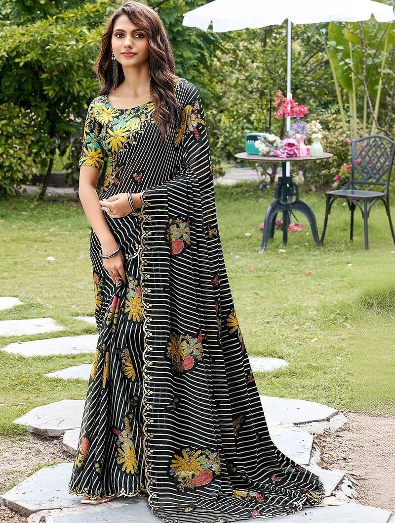 black floral gotta patti poly chiffon designer saree