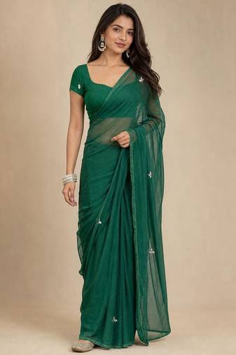 green embellished embroidered pure chiffon designer saree