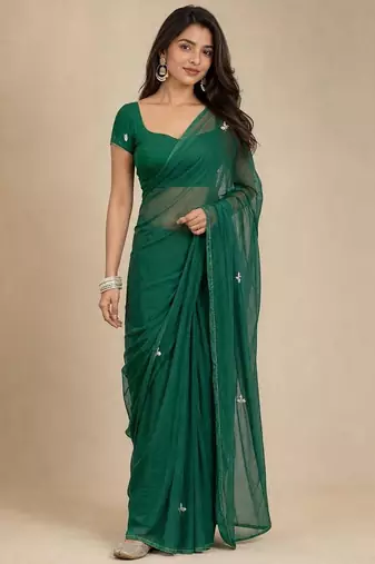 green embellished embroidered pure chiffon designer saree