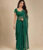 green embellished embroidered pure chiffon designer saree