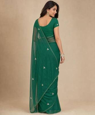 green embellished embroidered pure chiffon designer saree 2