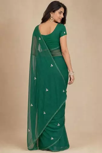 green embellished embroidered pure chiffon designer saree
