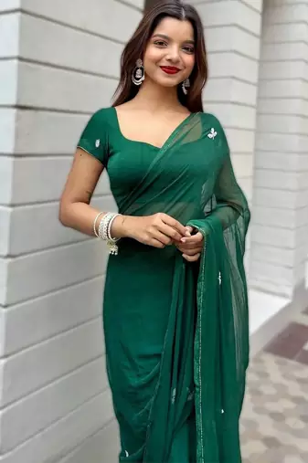 green embellished embroidered pure chiffon designer saree