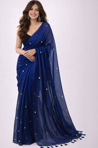 blue mirror work pure cotton handloom khadi saree