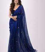 blue mirror work pure cotton handloom khadi saree