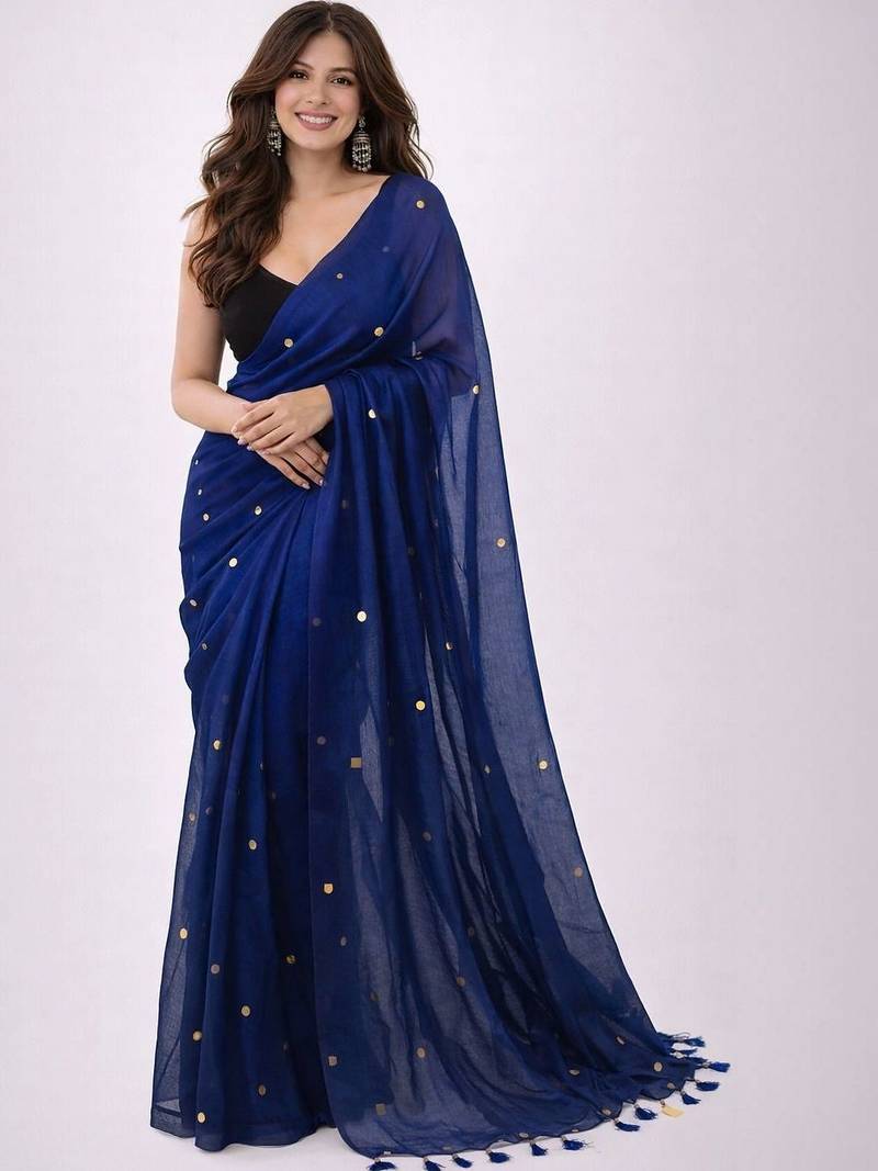 blue mirror work pure cotton handloom khadi saree