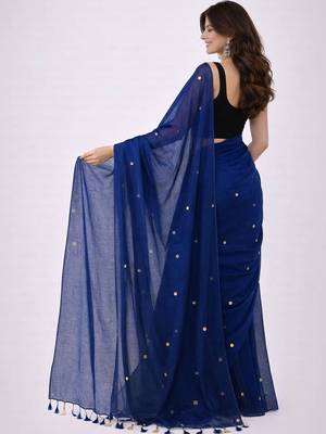 blue mirror work pure cotton handloom khadi saree 2