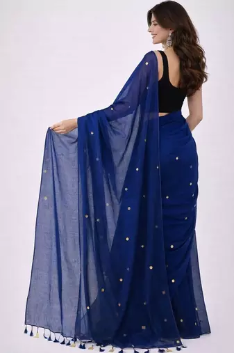 blue mirror work pure cotton handloom khadi saree