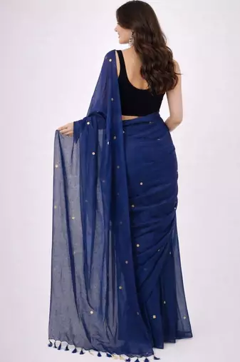 blue mirror work pure cotton handloom khadi saree