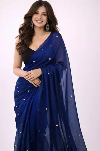 blue mirror work pure cotton handloom khadi saree