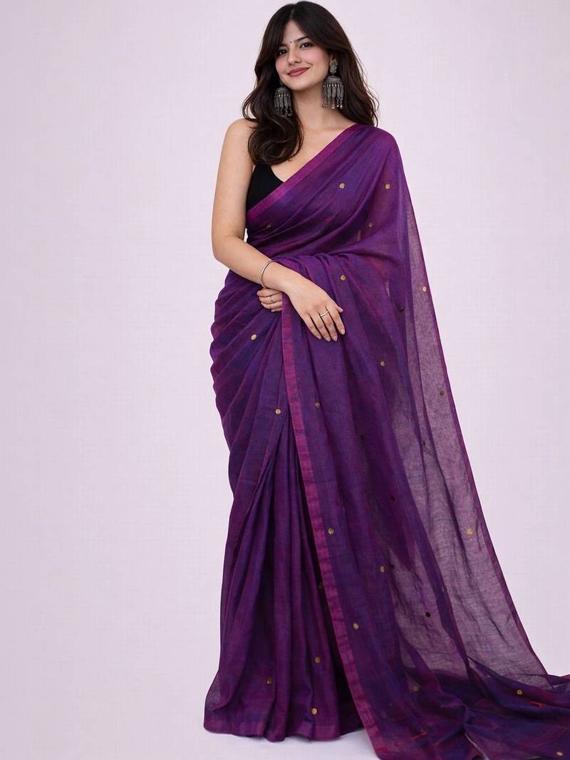 purple polka dot mirror work pure cotton handloom khadi saree