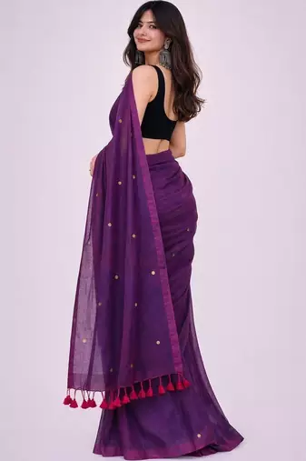 purple polka dot mirror work pure cotton handloom khadi saree