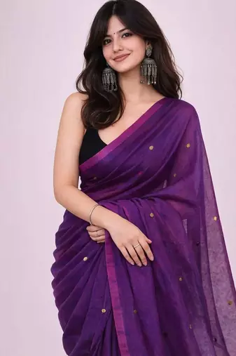 purple polka dot mirror work pure cotton handloom khadi saree