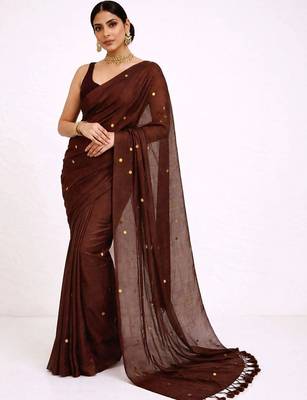 brown embellished mirror work pure cotton handloom khadi saree 1