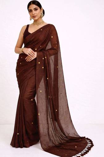 brown embellished mirror work pure cotton handloom khadi saree