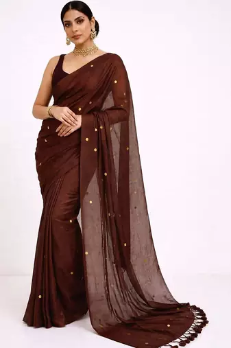 brown embellished mirror work pure cotton handloom khadi saree